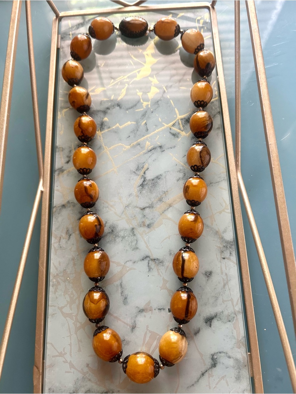 Vintage Hong Kong Amber Lucite Graduated Necklace Chunky Jewelry